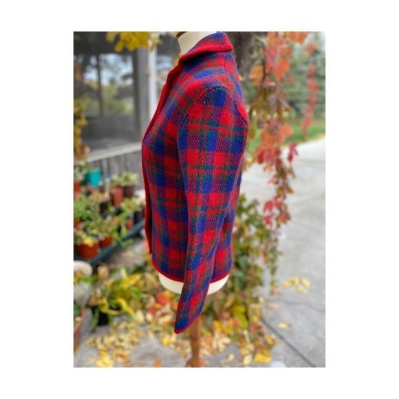 50s 60s Hudson’s Bay Plaid Wool Sweater Metal Crest Buttons Jacket Rare Sz 37 - Picture 5 of 16